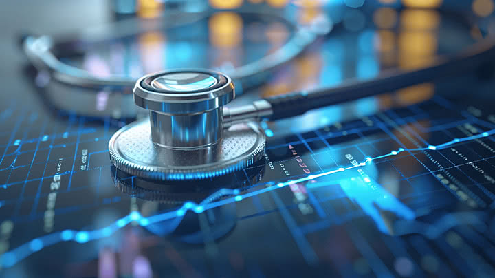 Healthcare , Illustrated security dashboard showing authentication, infrastructure protection and a locked digital globe